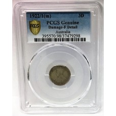  AUSTRALIA 1922/1 . THREEPENCE . OVERDATE . RARE . GENUINE . PCGS CERTIFIED